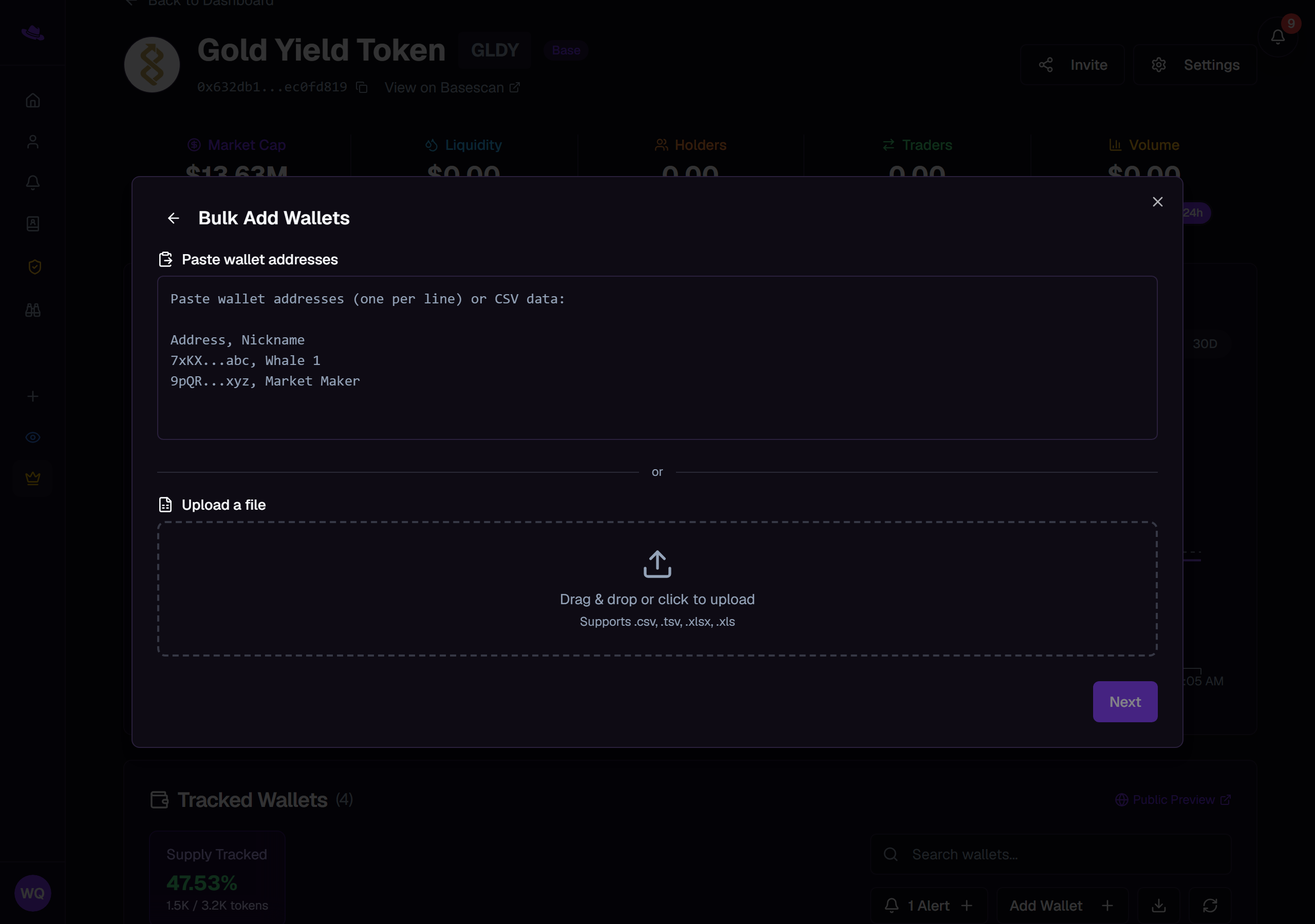 The Bulk Add Wallets dialog's first step, with a box for pasting addresses and a file upload area