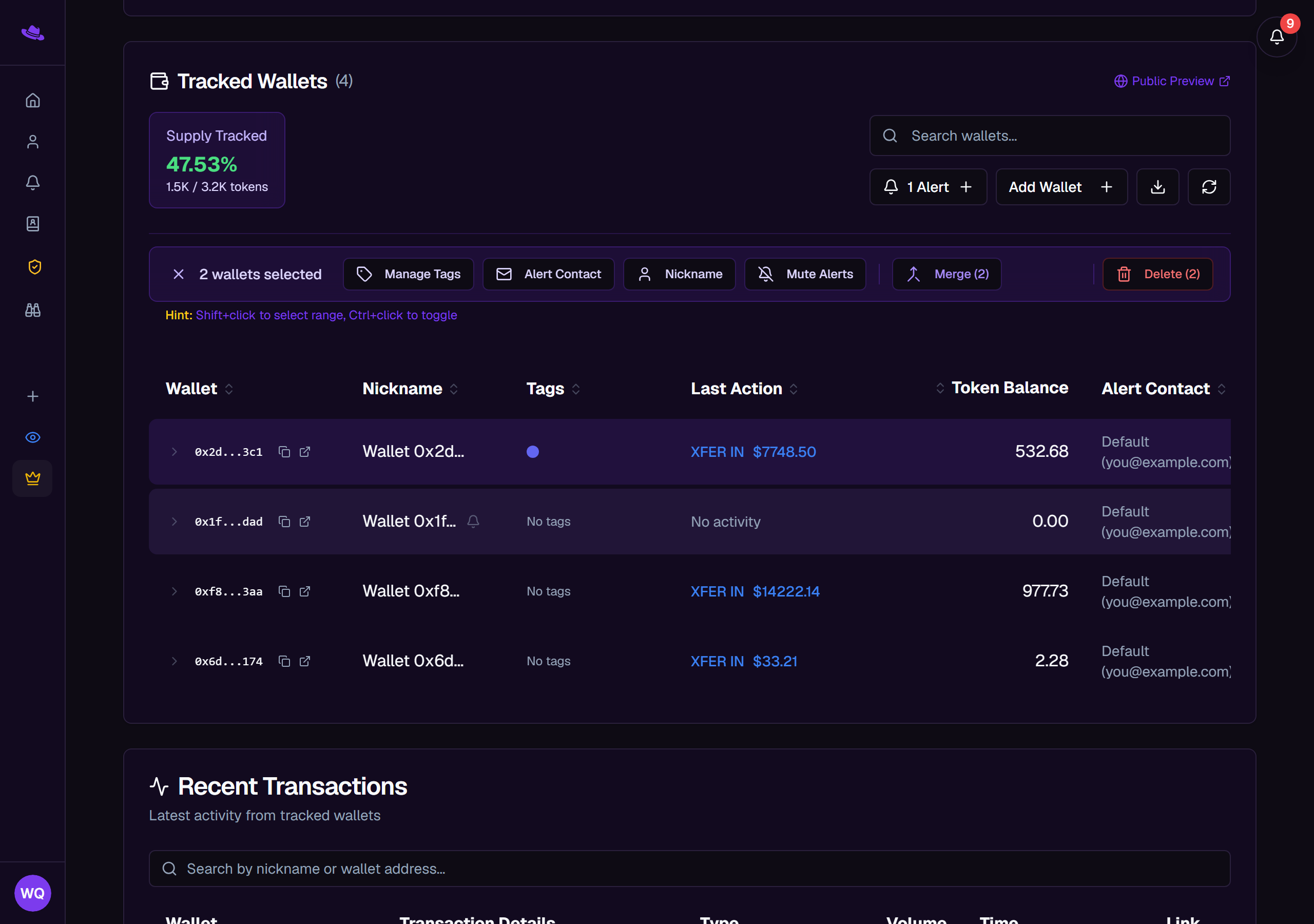 Two wallet rows selected, with the batch action bar showing Manage Tags, Alert Contact, Nickname, Mute Alerts, Merge, and Delete