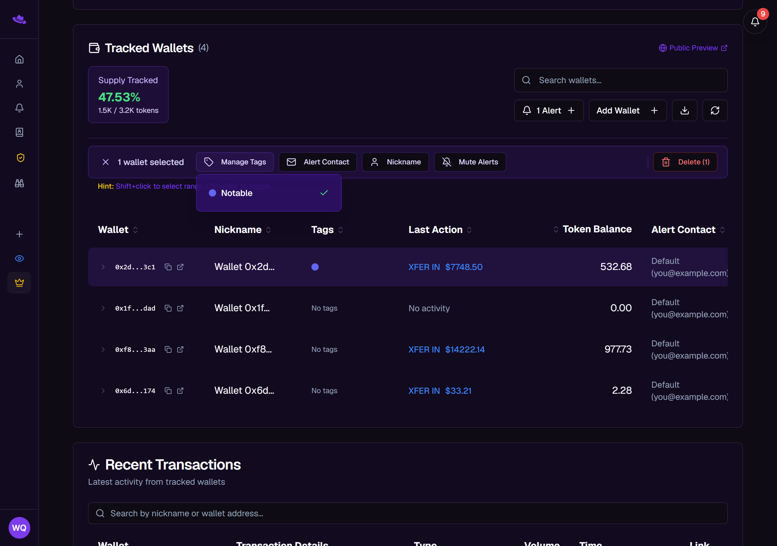 A selected wallet row with the Manage Tags dropdown open, showing a tag with a checkmark next to it