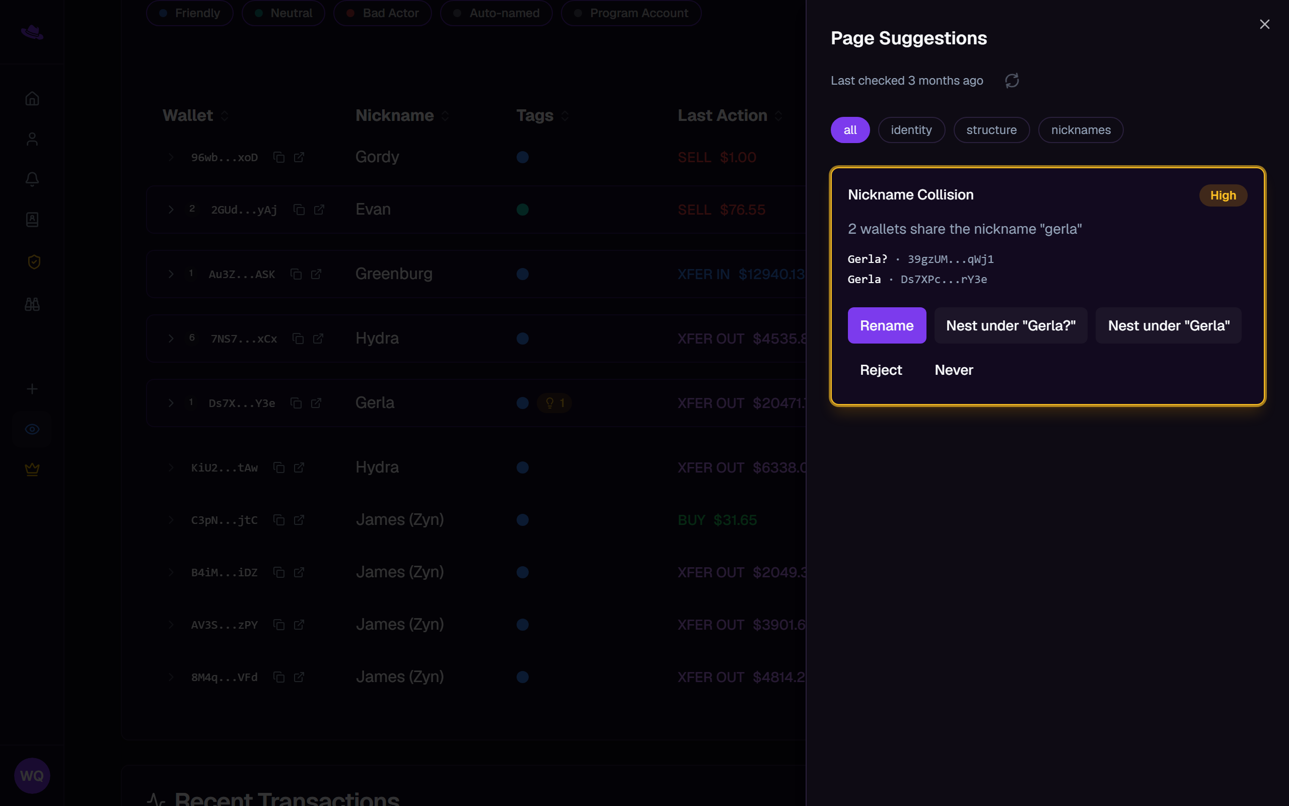 The Page Suggestions drawer open with a Nickname Collision suggestion, showing the two wallets involved and its Rename, Nest under, Reject, and Never actions